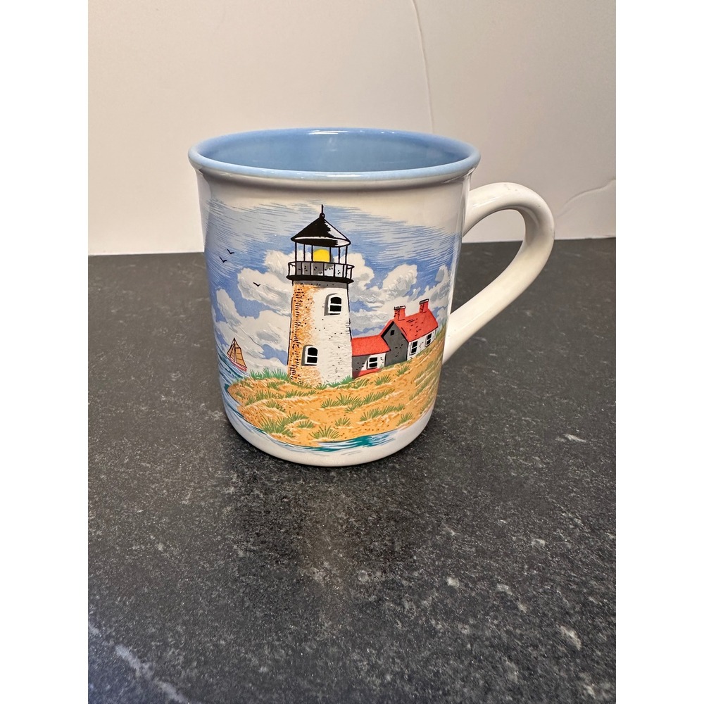 Cape Shore Lighthouse Sailboat Nautical Ceramic Coffee Mug Blue White Coastal